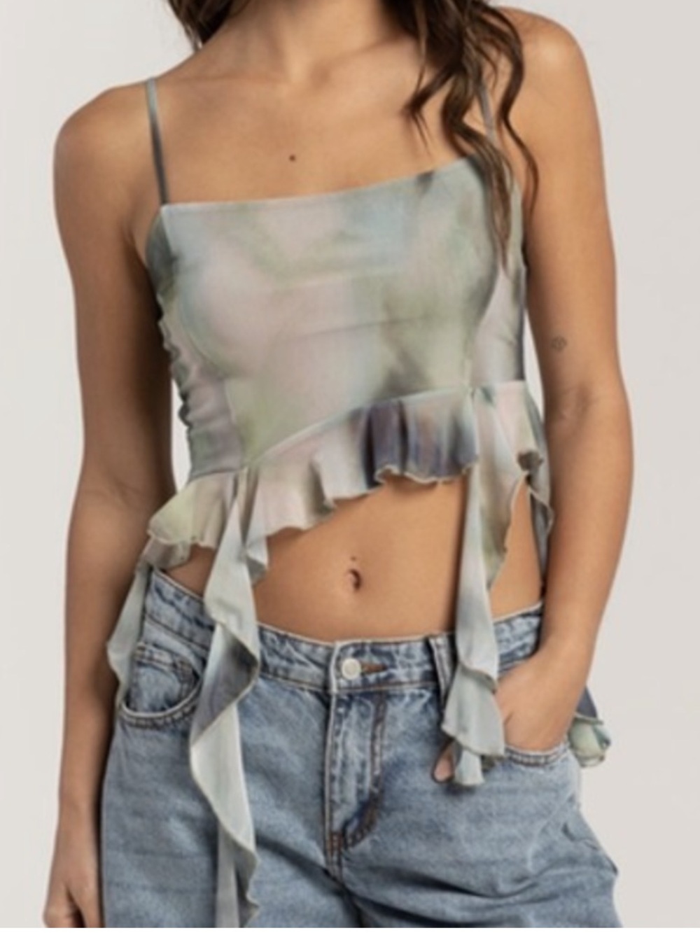 Full Tilt Waterfall Tie-Dye Ruffled Cami Top in Soft Blue-Gray, Sz XL